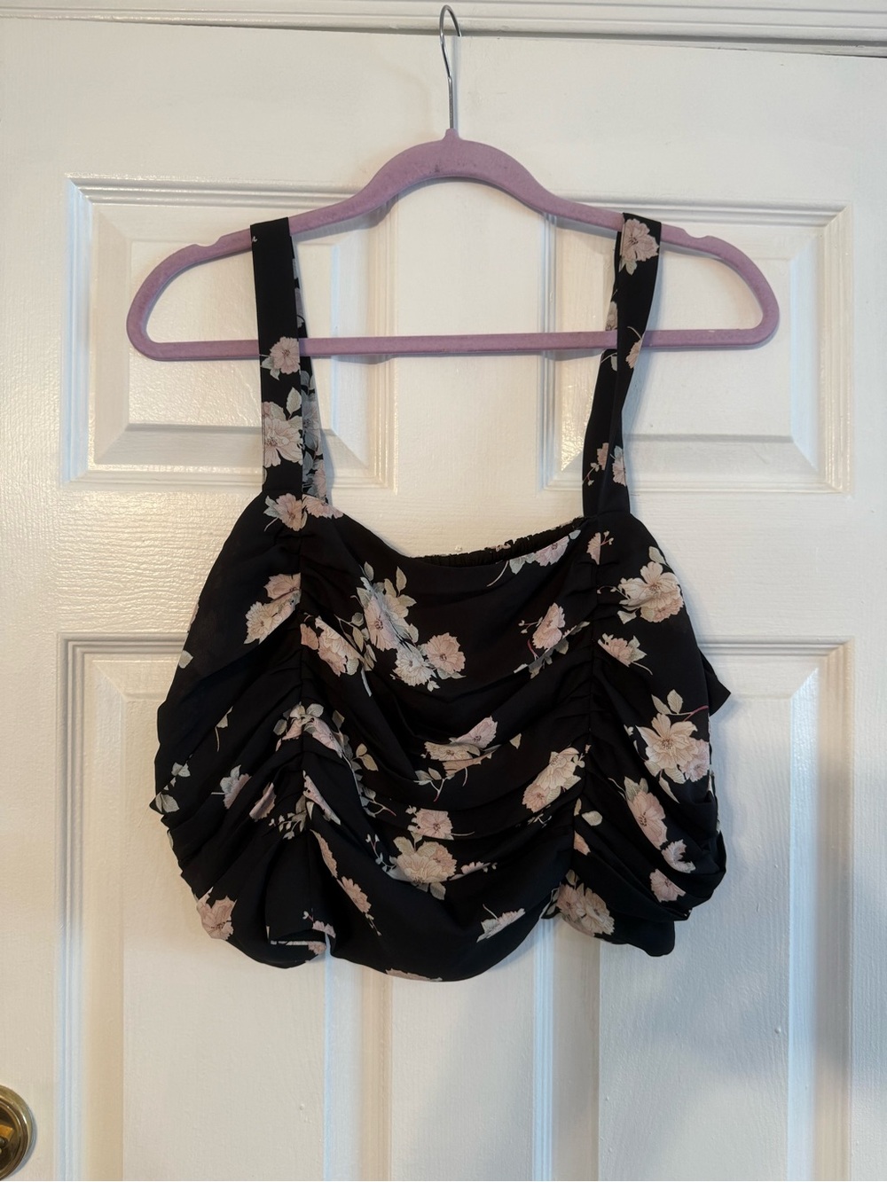 Express Black Floral Ruched Tank Top